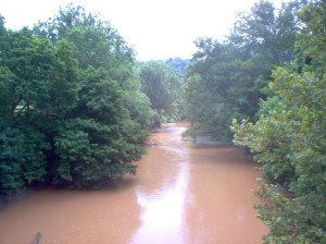 The West Fork River is fed by many tributaries being crossed by the SGG pipeline. Here it is sediment laden in mid-July from runoff due to poor sediment control